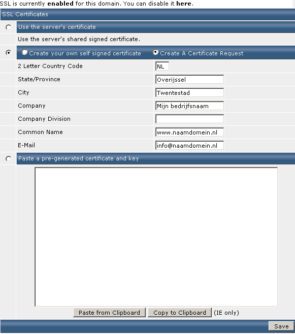 DirectAdmin Create A Certificate Request scherm